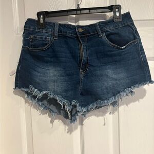 KanCan Dark Blue Frayed Jean Shorts